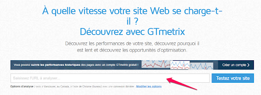 Interface pour lancer un audit de performance avec gtmetrix