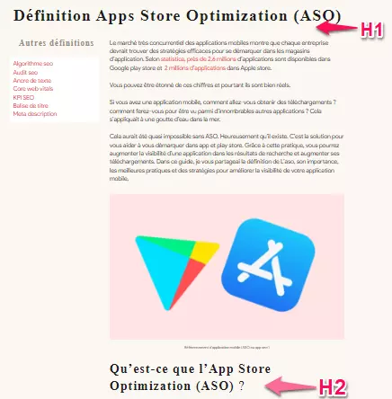 Cette image montre la différence entre les types de balise d'entête précisément les H1 et les 2