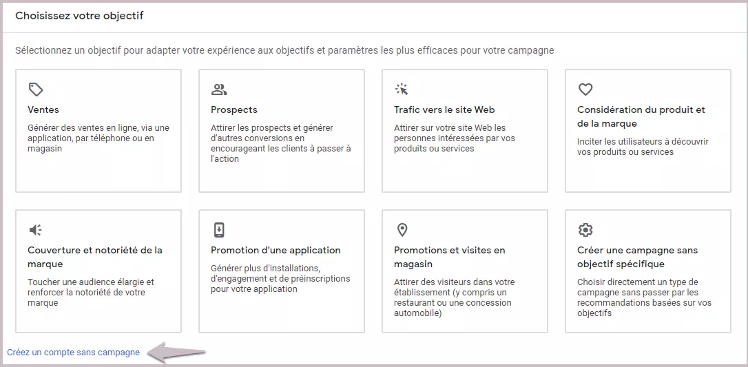 Choisir des objectif google ads avant d'acceder à google keyword planner gkp