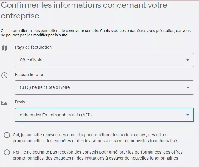 remplir les Information d'entreprise pour accéder à son compte google ads et utiliser l'outil de planification de mots-clé