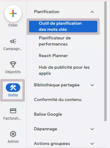 comment acceder et utiliser l'outil de planification de mots clés de Google