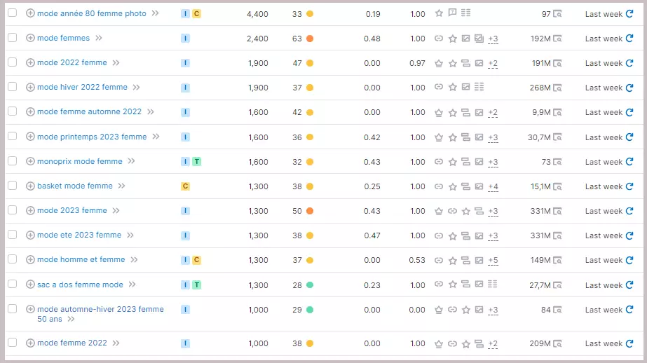 Résultat des recherche de mots-clés dans semrush 